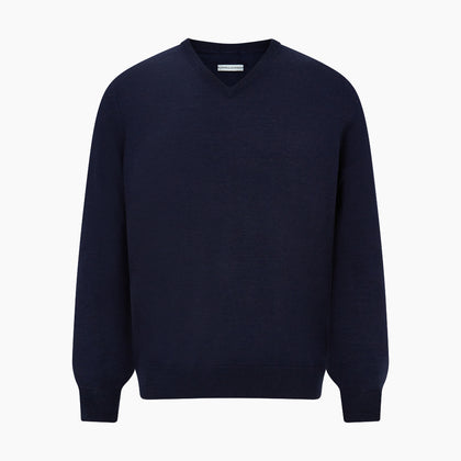 Navy Fine Merino V-Neck Jumper Image 9