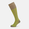 View 1 of product The Turnbull & Asser Lime/grey Thin Striped Long Socks are knee-high with green and yellow stripes and solid tan toe, heel, and cuff, shown against a plain light background.