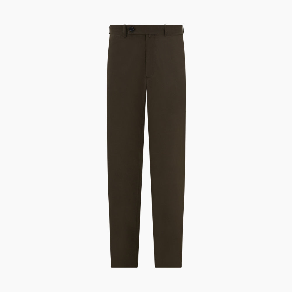 A pair of straight-leg Moss Green Winston Trousers by Turnbull & Asser in high-twist cotton with belt loops, button closure, and side pockets, displayed on a plain white background.