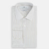 View 5 of product The Turnbull & Asser Red and Blue Double Pinstripe Mayfair Shirt features long sleeves, a collar, and button-up front, crafted from fine Italian cotton, displayed on a plain white background.