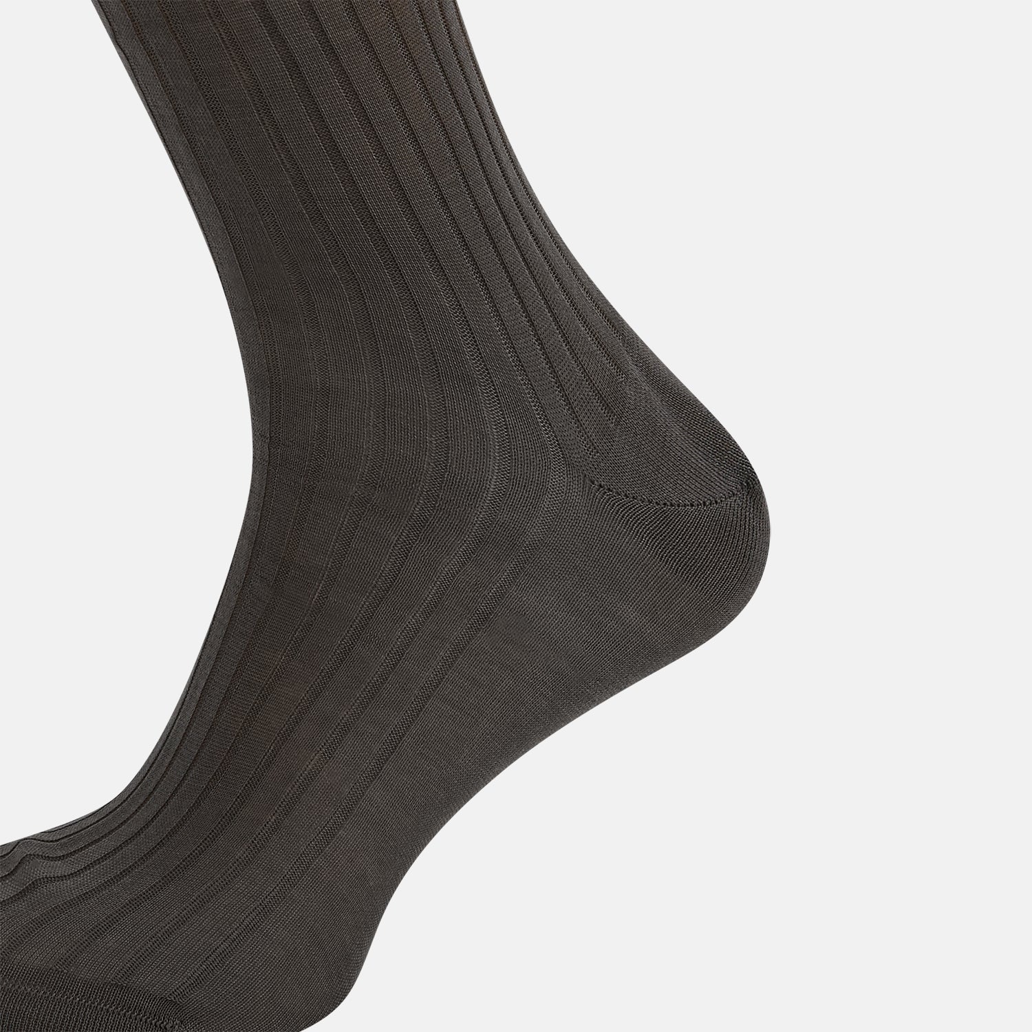 View 4 of product A single Concrete Grey Long Sock by Turnbull & Asser, featuring an over the calf fit and ribbed texture, is displayed on a plain white background.
