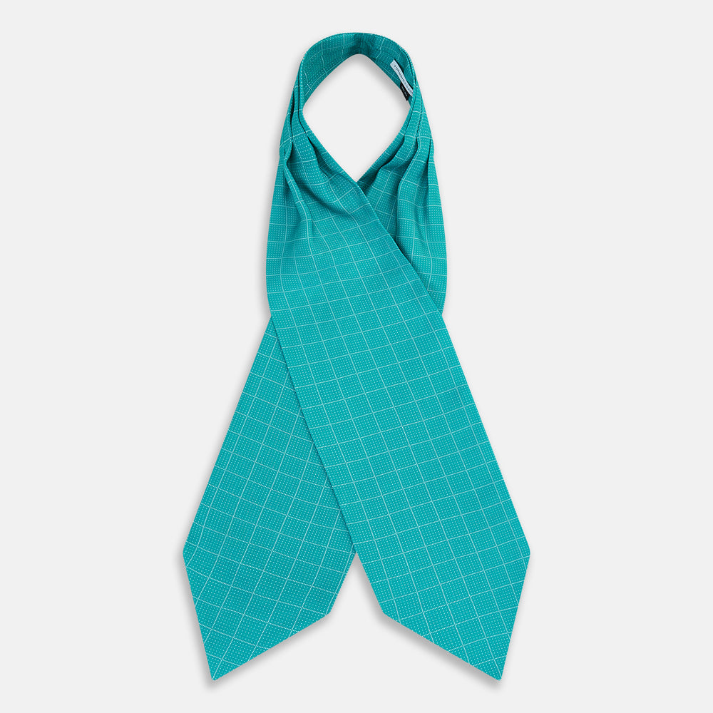 Turquoise Dotted Check Pattern Printed Silk Cravat