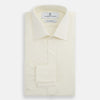 View 4 of product The Turnbull & Asser Tomorrow Never Dies Cream Cotton Hamburg Shirt, as seen on James Bond, features a long sleeve, button-down front, and collar. It's laid flat on a white background.