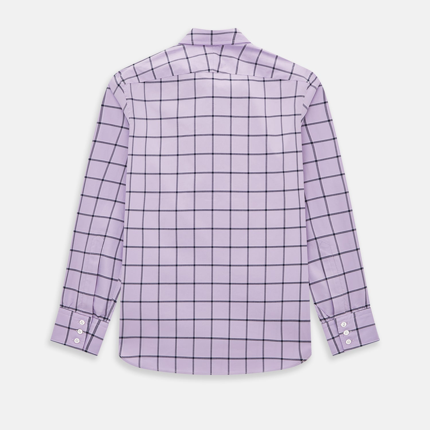 Image 3 of product A long-sleeve, button-up Lilac Grid Check Windsor Shirt by Turnbull & Asser, featuring a black windowpane pattern and a refined Windsor collar, displayed on a plain white background.