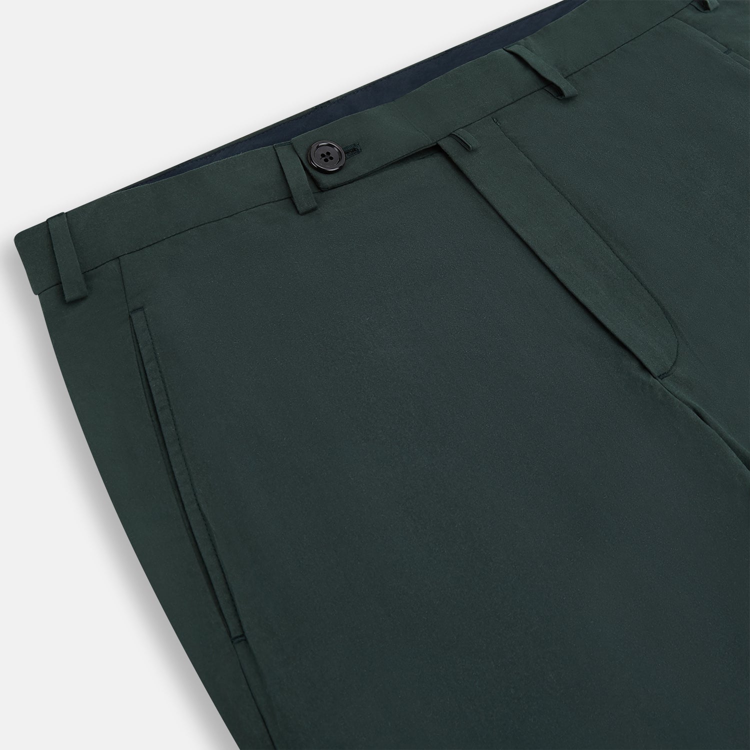 View 10 of product The Hunter Green Winston Trousers by Turnbull & Asser are crafted in high-twist cotton with straight legs, belt loops, button closure, and front zipper, shown against a plain light background.