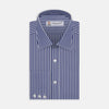 View 2 of product A close-up of Turnbull & Asser's Navy and White Deep Stripe Cotton Fabric shows vertical blue and white stripes bordered by gray, set against a light gray background.