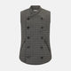 The Turnbull & Asser Shadow Grey Double-Breasted Quilted Gilet features a sleeveless design, asymmetrical collar, side zip pockets, slanted chest pocket, grid pattern, and modern black buttons—perfect for layered dressing.
