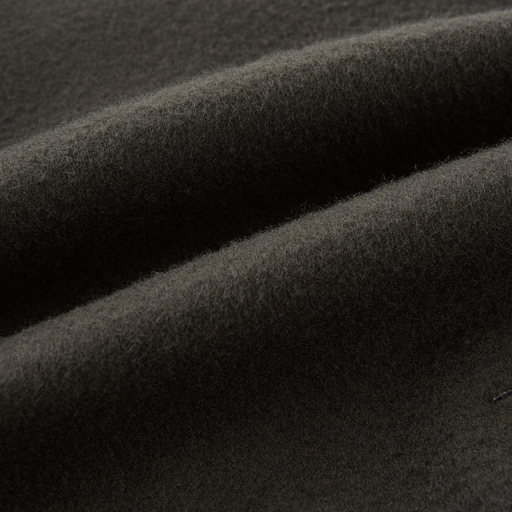 The Turnbull & Asser Olive Brown Apsley Single-Breasted Caban Coat for men features three buttons, notched lapels, and three front pockets, shown against a plain white background.