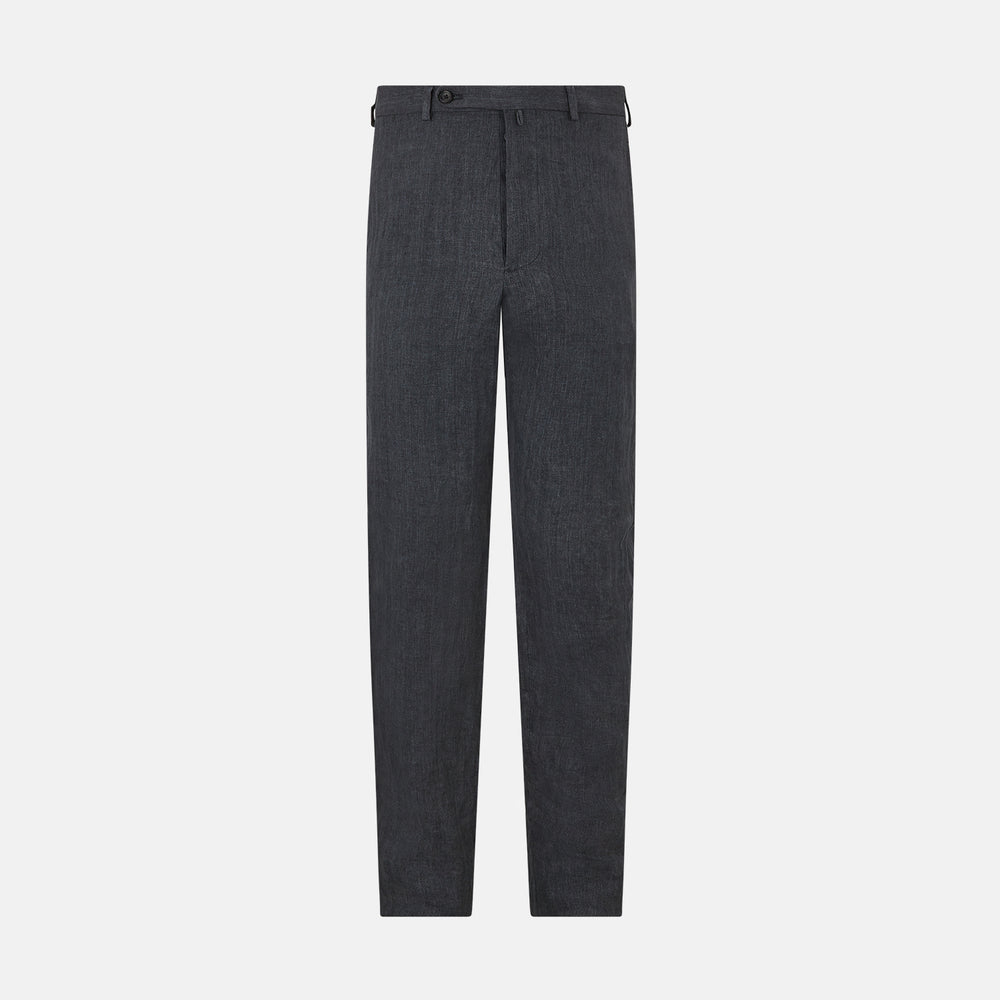 The Ash Linen Herringbone Edmund Trousers by Turnbull & Asser feature a straight-leg fit, button closure, belt loops, and side pockets in summer-ready fabric—ideal for utility dressing—shown against a plain white background.