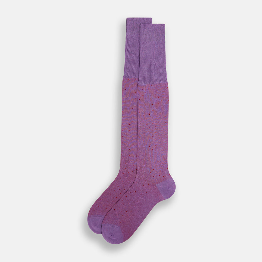 A single Pink/Red Polka Dot Long Sock by Turnbull & Asser, featuring a ribbed cuff and subtle red polka dots, is displayed against a plain white background.