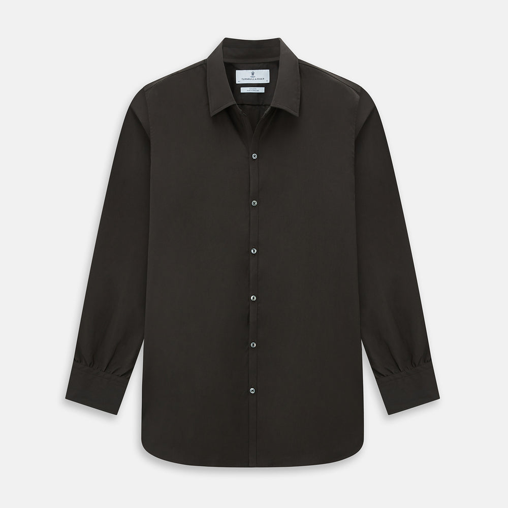 A brown Windsor long-sleeve button-up shirt by Turnbull & Asser with a classic collar, buttoned cuffs, and a straight hem, laid flat on a white background—showcasing refined British craftsmanship.