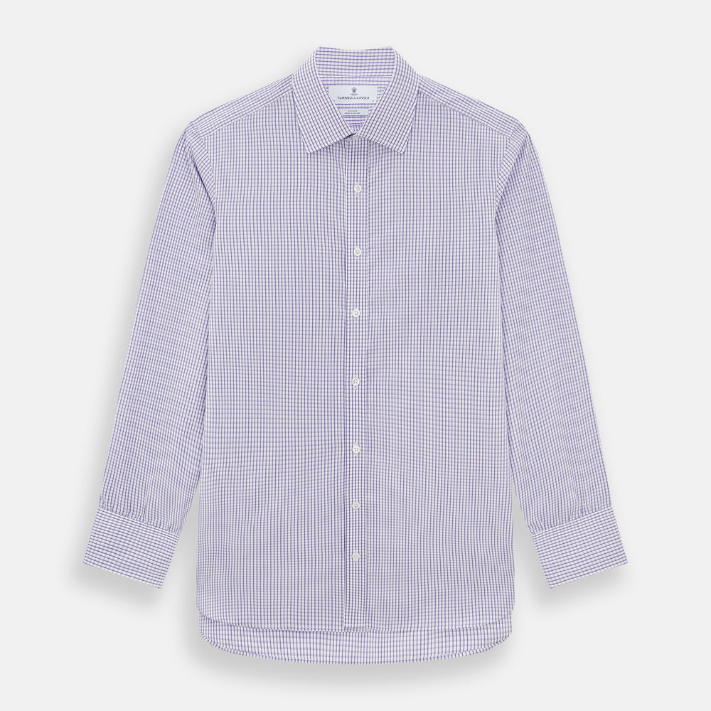 The Turnbull & Asser Purple Micro Shadow Check Mayfair Shirt features long sleeves, a classic collar, white buttons, and a subtle blue and white check pattern—perfect for formal wear and shown on a plain white background.