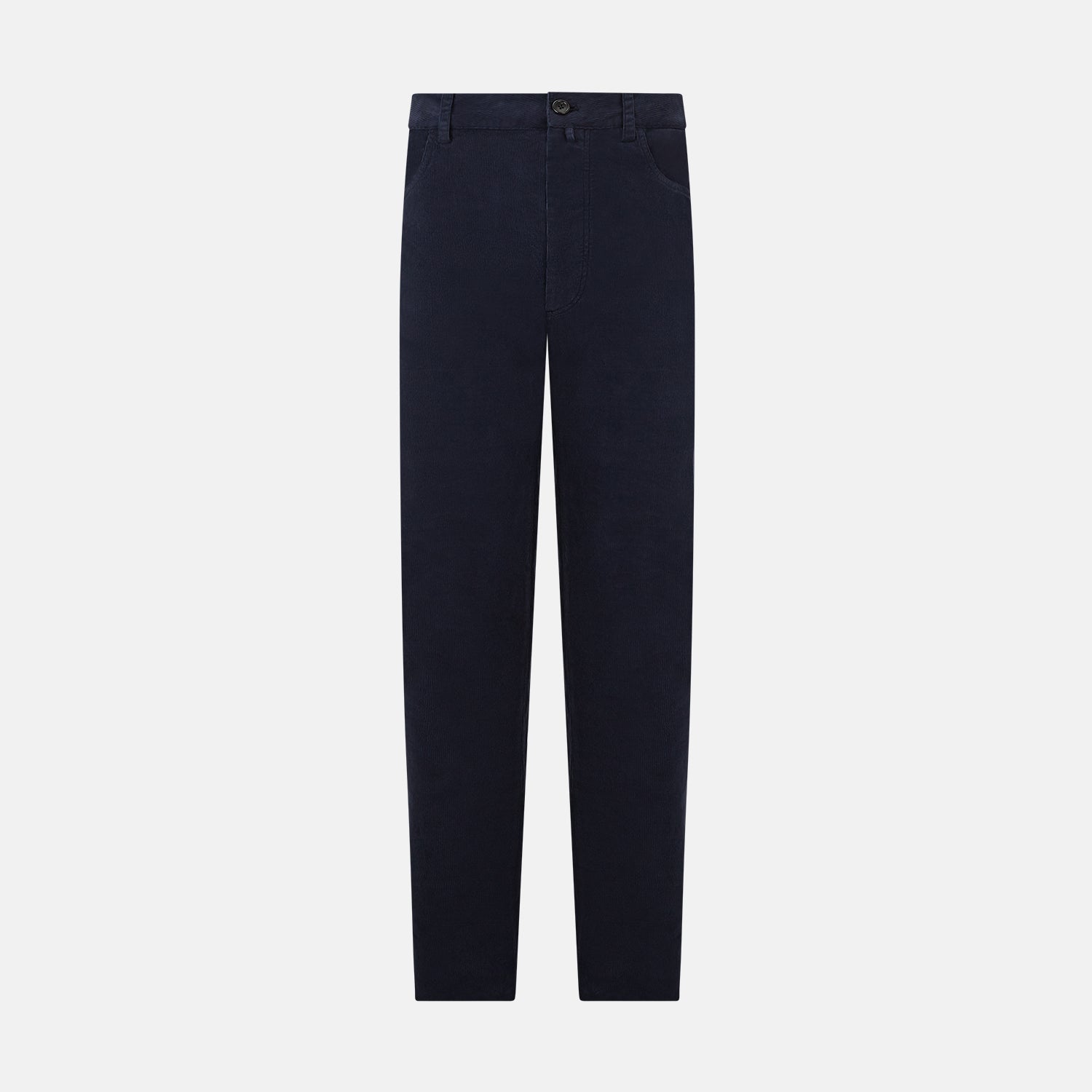Image 1 of product The Turnbull & Asser Light Navy Corduroy Charles Trousers feature a straight-leg fit, stretch cotton, belt loops, front pockets, and a button-zip closure—highlighting British tailoring against a white background.