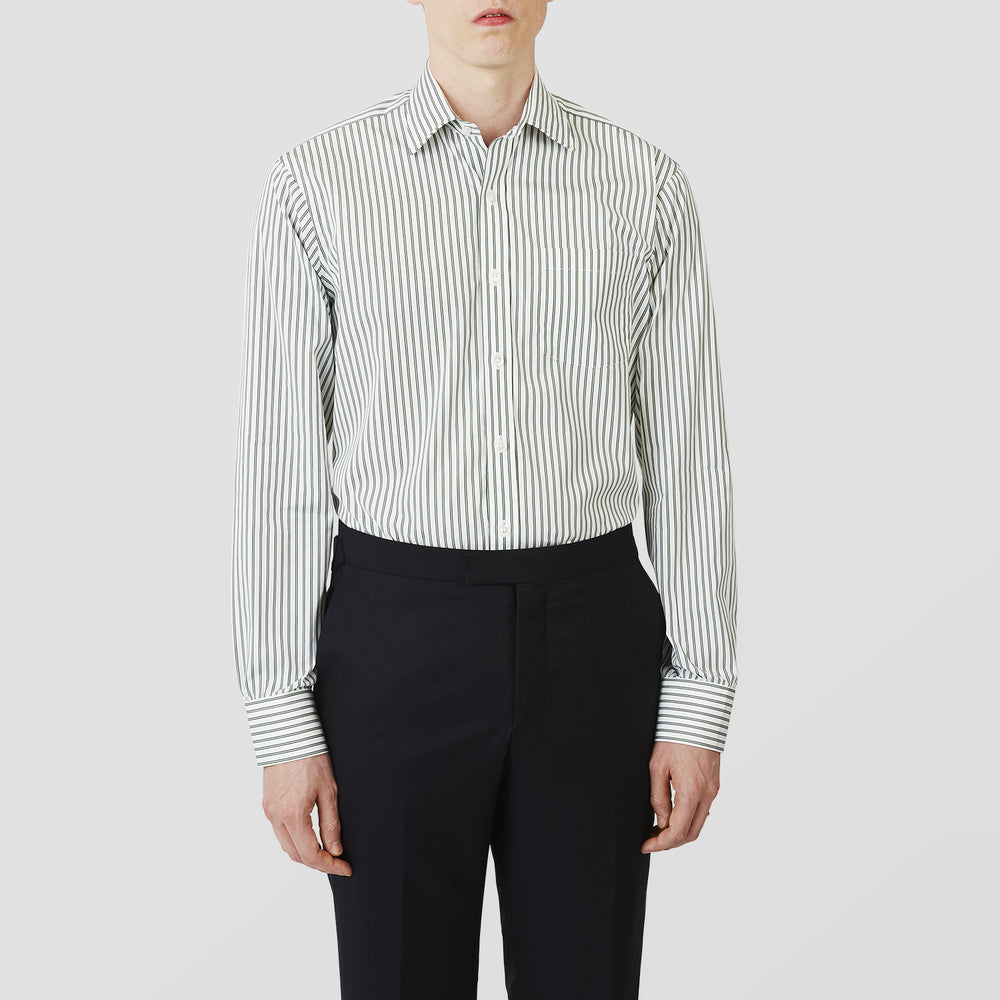 The Turnbull & Asser Green Stripe Weekend Fit Shirt features a derby collar, 1-button cuffs, and relaxed fit, perfect for smart-casual style, shown laid flat on a white background.