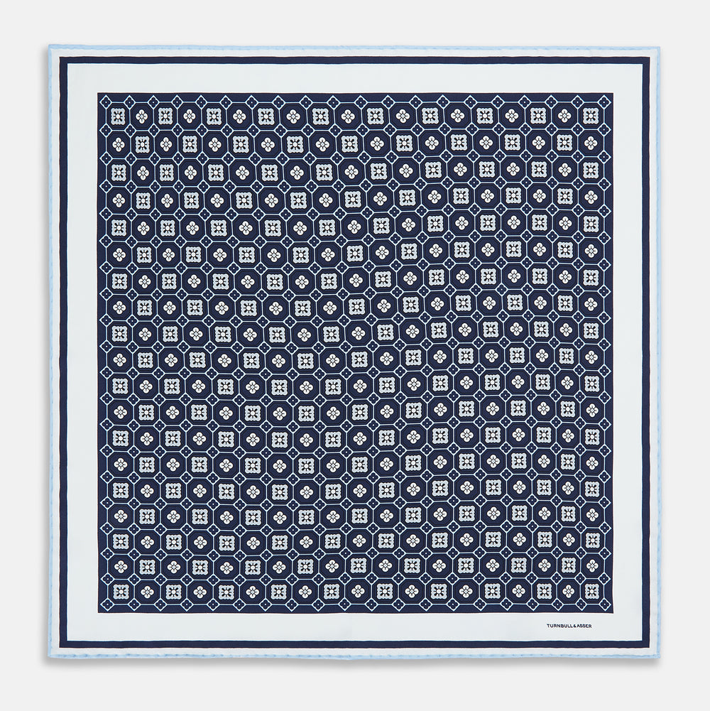 Navy Floral Tile Silk Pocket Square