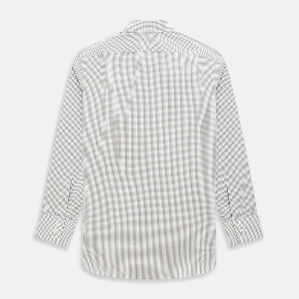 The Turnbull & Asser Grey Micro Shadow Check Mayfair Shirt is crafted from premium Italian cotton with long sleeves, a collar, and buttoned cuffs, shown folded flat against a white background.