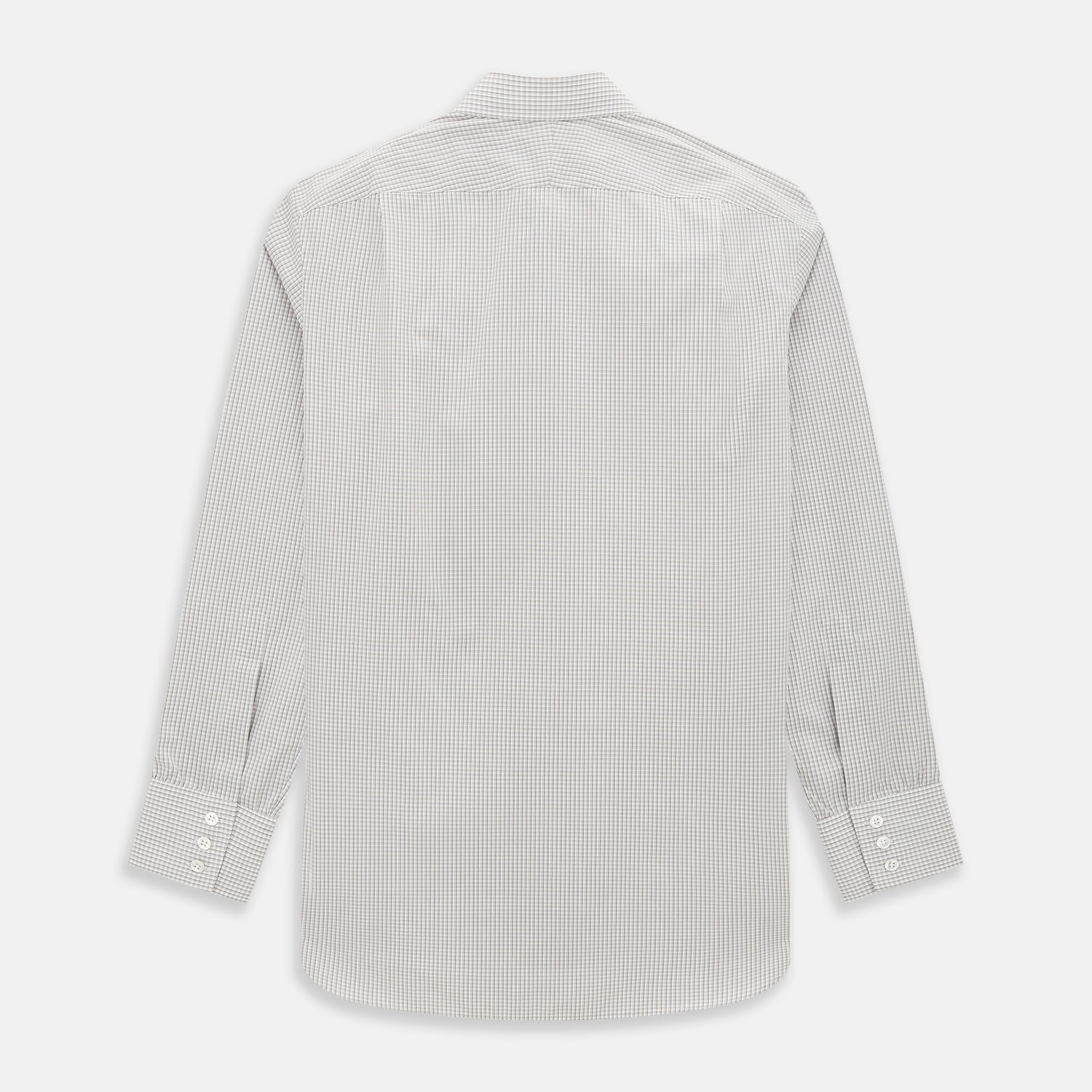 View 3 of product The Turnbull & Asser Grey Micro Shadow Check Mayfair Shirt is crafted from premium Italian cotton with long sleeves, a collar, and buttoned cuffs, shown folded flat against a white background.