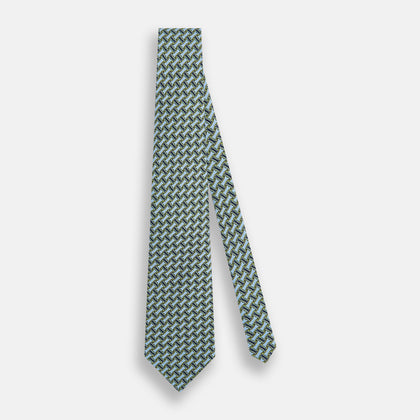 Light Blue and Chartreuse Lemon Weave Patterned Silk Tie