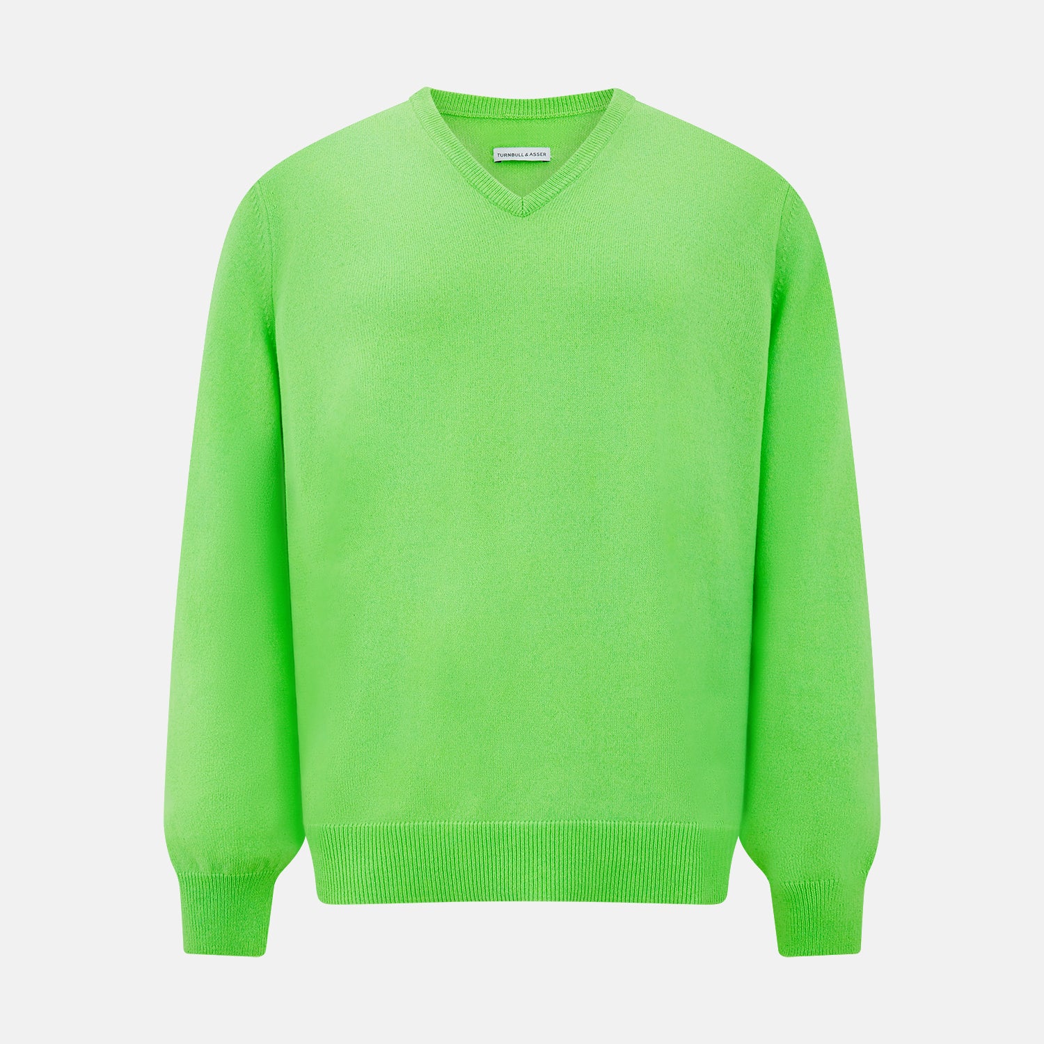 View 1 of product The Turnbull & Asser Bright Green Cashmere V-Neck Jumper features long sleeves with ribbed cuffs and hem—a vibrant addition to your knitwear collection, shown on a plain white background.