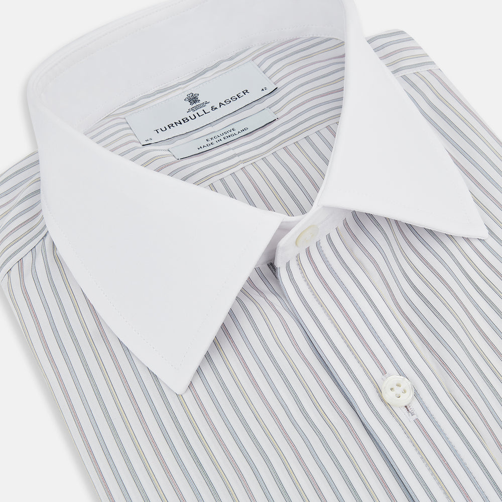 The Turnbull & Asser Multicoloured Music Stripe Shirt features a classic fit, contrast collar, and double cuffs—an elegant British design displayed on a plain light background.