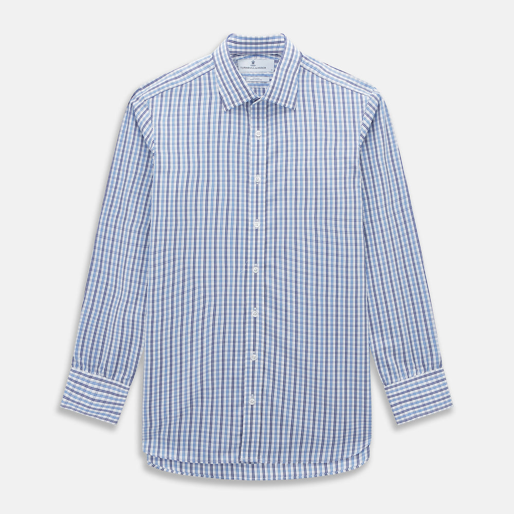 The Turnbull & Asser Blue and Navy Multi Check Mayfair Shirt, made from fine Italian cotton with long sleeves, a button-up front, and a classic collar, is shown against a white background.
