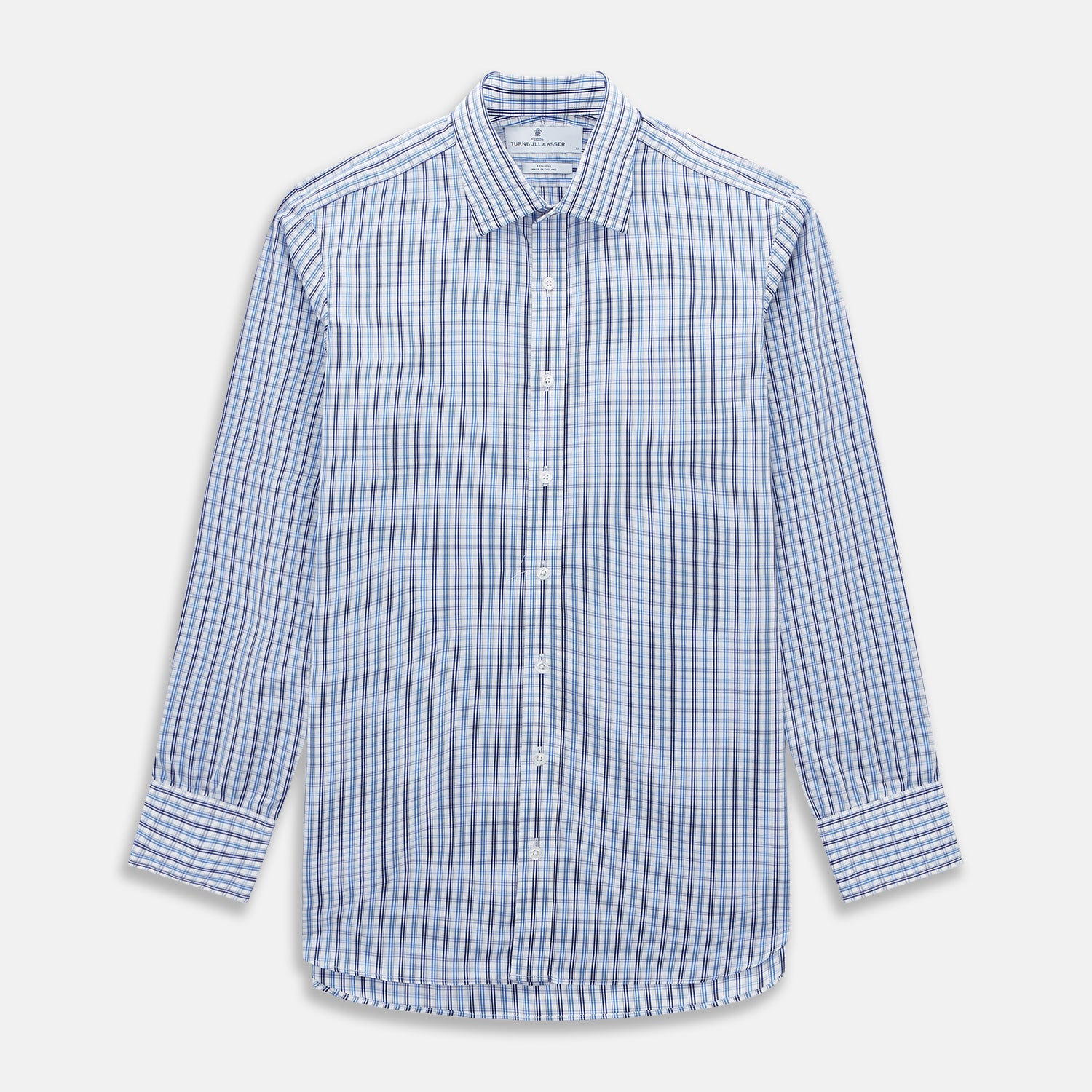 View 1 of product The Turnbull & Asser Blue and Navy Multi Check Mayfair Shirt, made from fine Italian cotton with long sleeves, a button-up front, and a classic collar, is shown against a white background.
