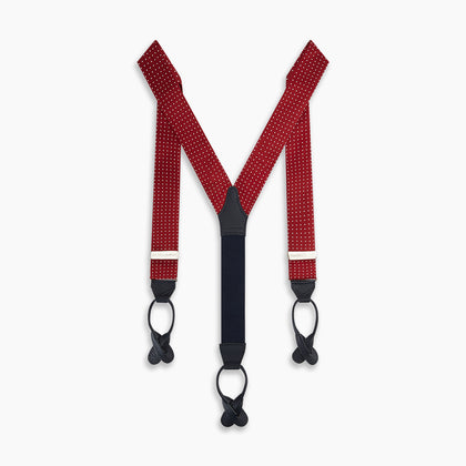 Burgundy and White Small Spot Adjustable Silk and Navy Leather Braces Image 2