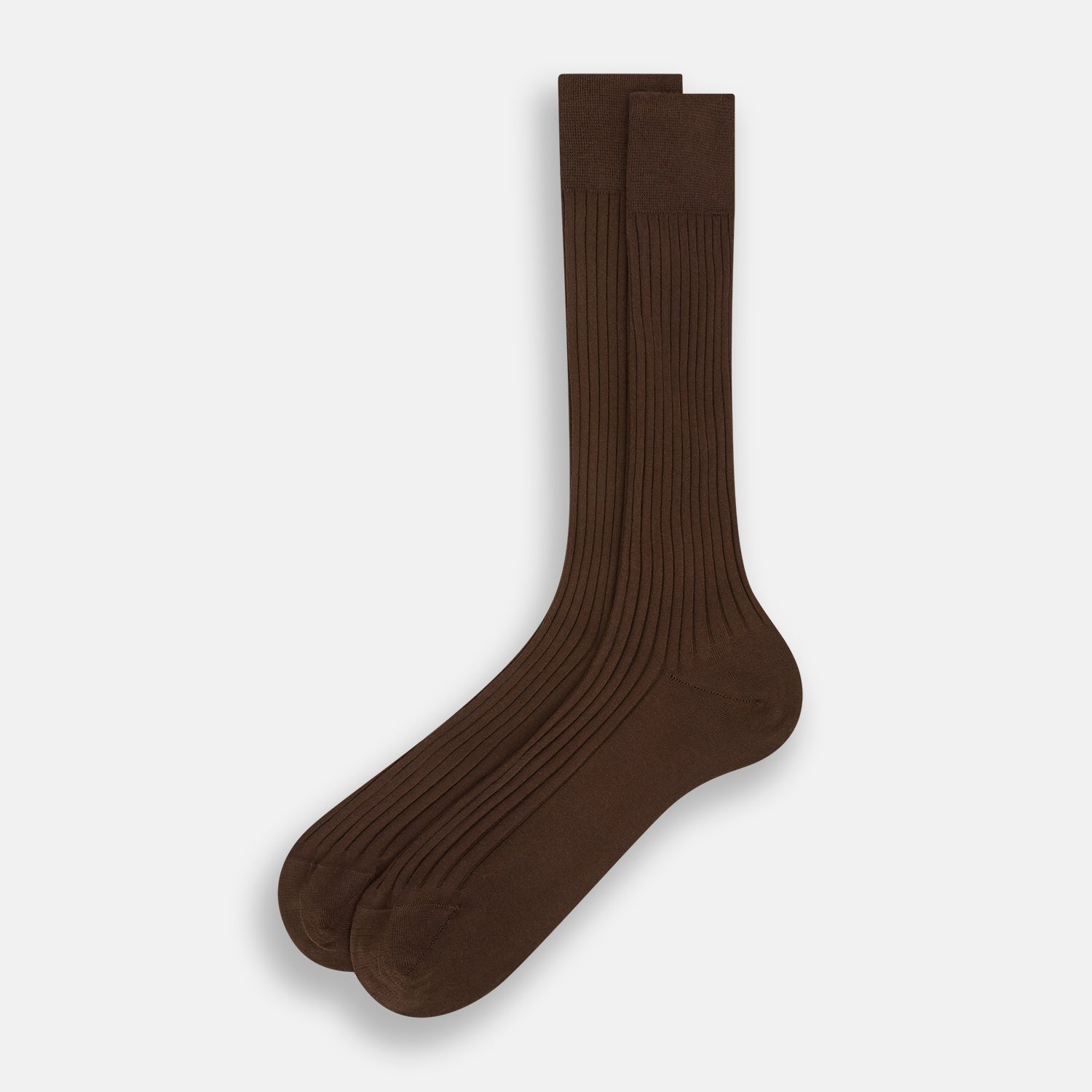View 2 of product A single Coffee Organic Cotton Mid-Length Sock by Turnbull & Asser, featuring a ribbed texture and crafted from organic cotton, is displayed upright on a plain white background.