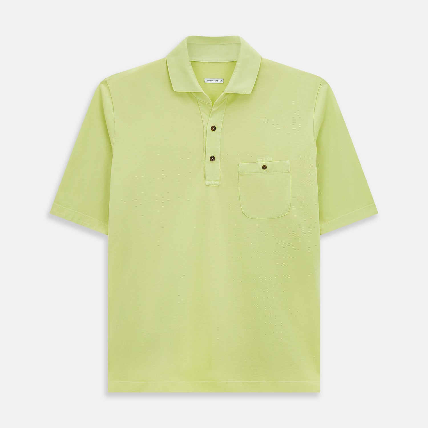 View 1 of product The Turnbull & Asser Lime Green Polo Shirt features a cotton jersey build, short sleeves, a collar, three brown buttons on the placket, and a chest pocket with a button. Shirt shown laid flat on a white background.