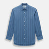 View 1 of product The Turnbull & Asser Steel Grey and Navy Track Stripe Mayfair Shirt features long sleeves, a collar, white buttons, and a relaxed fit, shown on a plain white background.