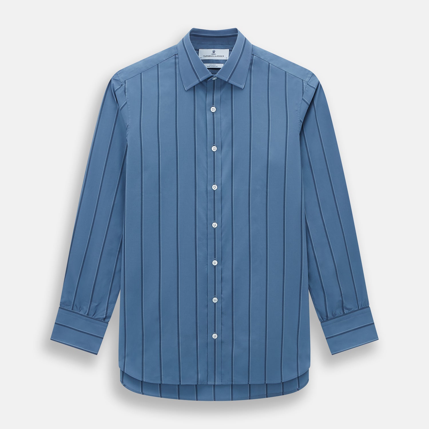 View 1 of product The Turnbull & Asser Steel Grey and Navy Track Stripe Mayfair Shirt features long sleeves, a collar, white buttons, and a relaxed fit, shown on a plain white background.