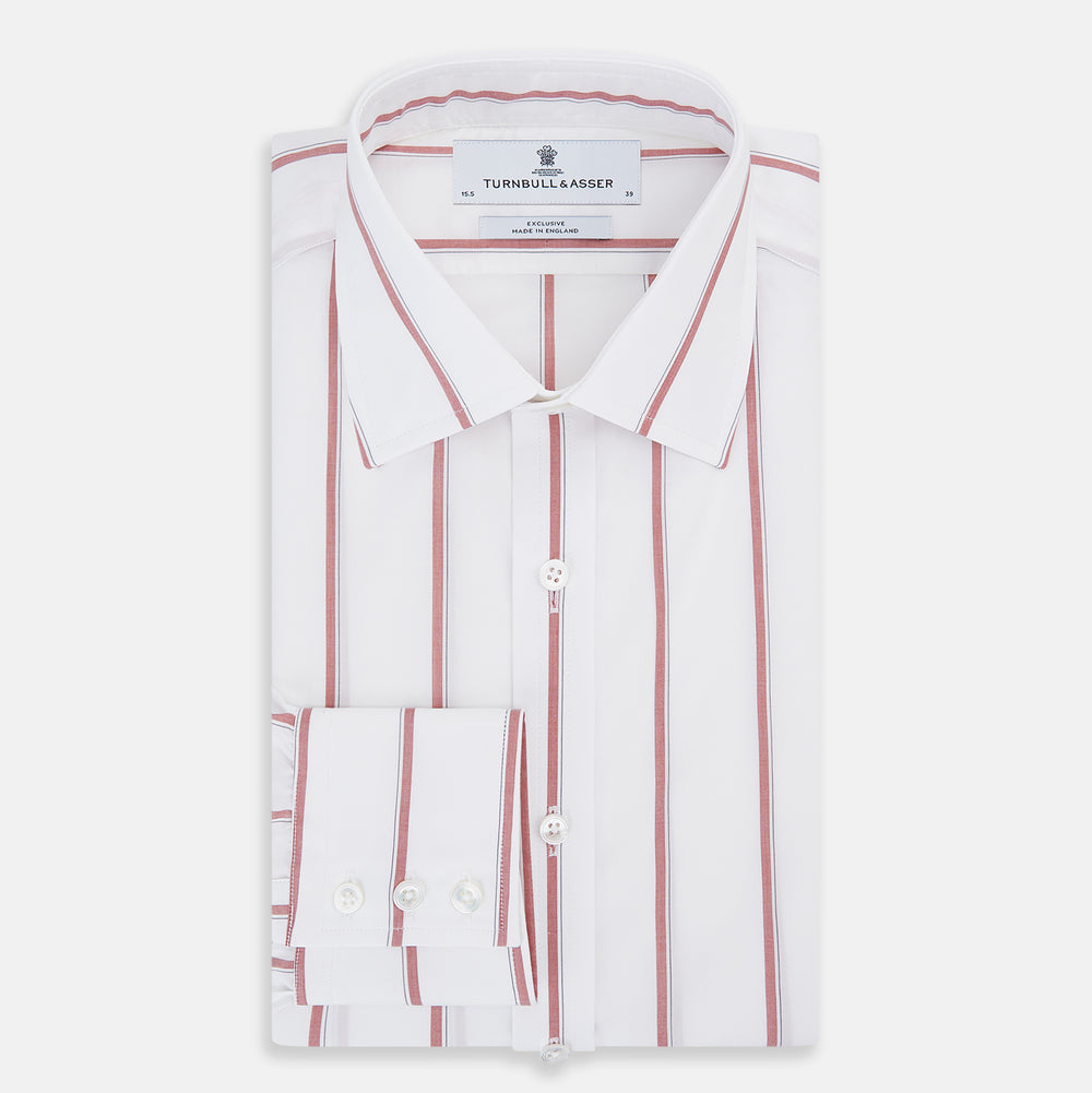 The Turnbull & Asser Dark Red Track Stripe Mayfair Shirt is crafted from Italian cotton, featuring a pointed collar and buttoned cuffs. Displayed against a plain light background.