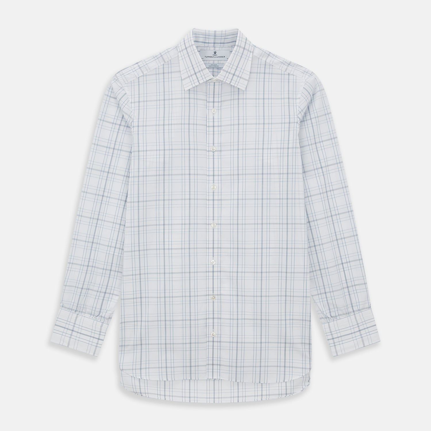 View 1 of product The Turnbull & Asser Blue and Grey Multi Check Mayfair Shirt features a T&A collar, cuffed long sleeves, and a light blue and gray plaid pattern on white.