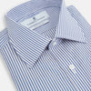View 2 of product The Turnbull & Asser Navy Bengal Stripe Mayfair Shirt is a long-sleeved, collared formal shirt with blue and white stripes, white buttons, and buttoned cuffs—ideal for classic style enthusiasts. Displayed on a plain white background.
