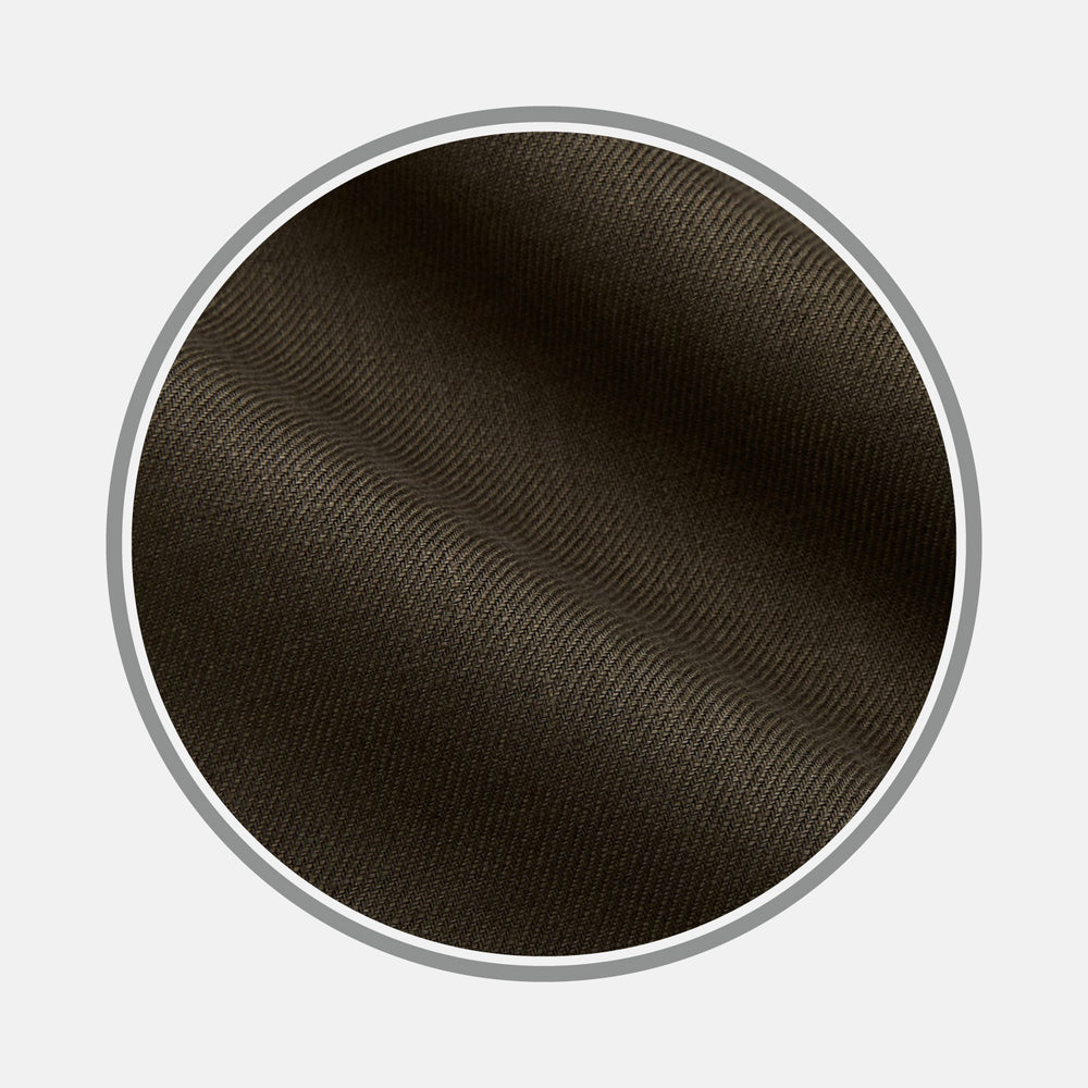 Close-up of Turnbull & Asser's Khaki Green Plain Linen Fabric, featuring a subtle diagonal ribbed texture, shown within a circular frame on a light gray background.