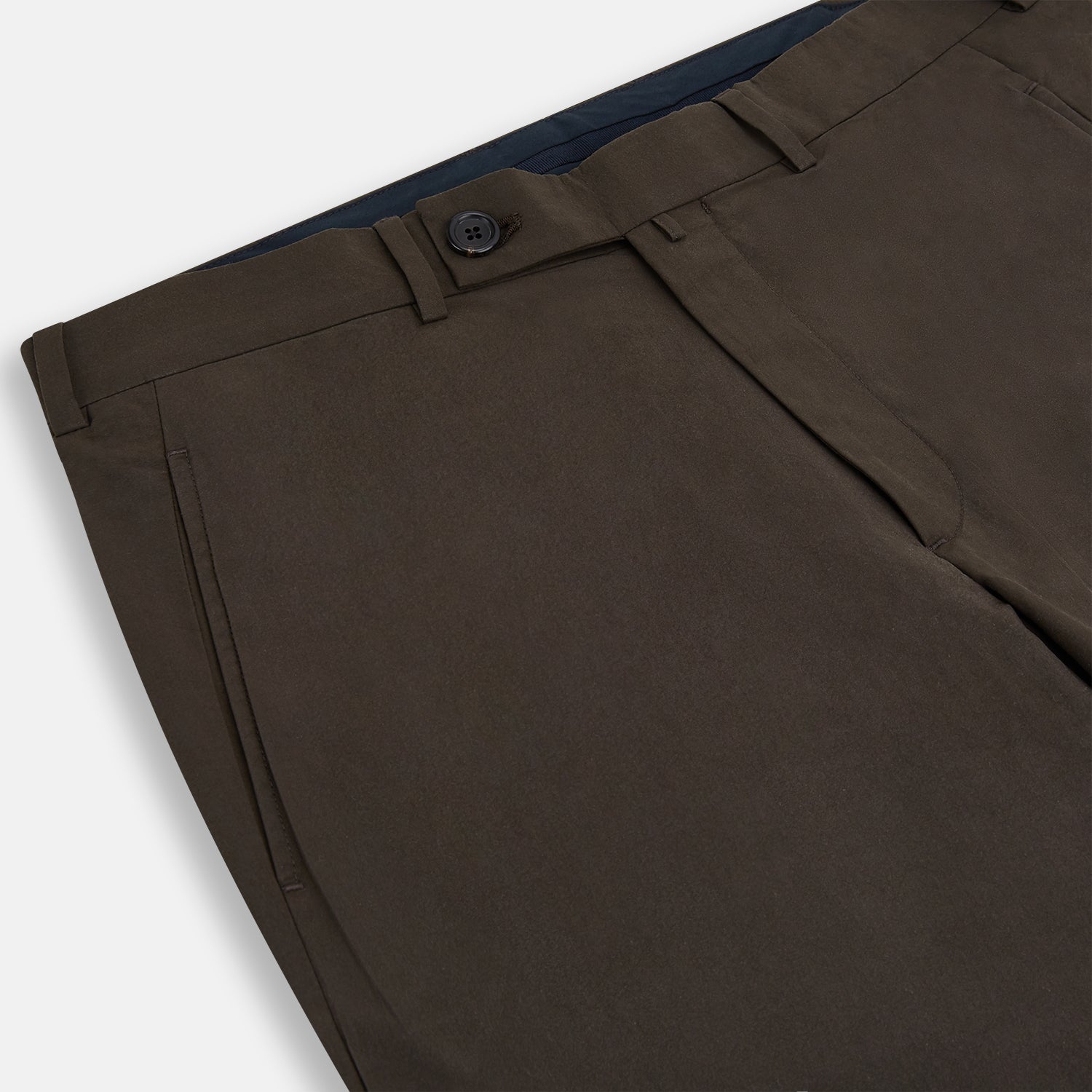 View 10 of product A pair of straight-leg Moss Green Winston Trousers by Turnbull & Asser in high-twist cotton with belt loops, button closure, and side pockets, displayed on a plain white background.