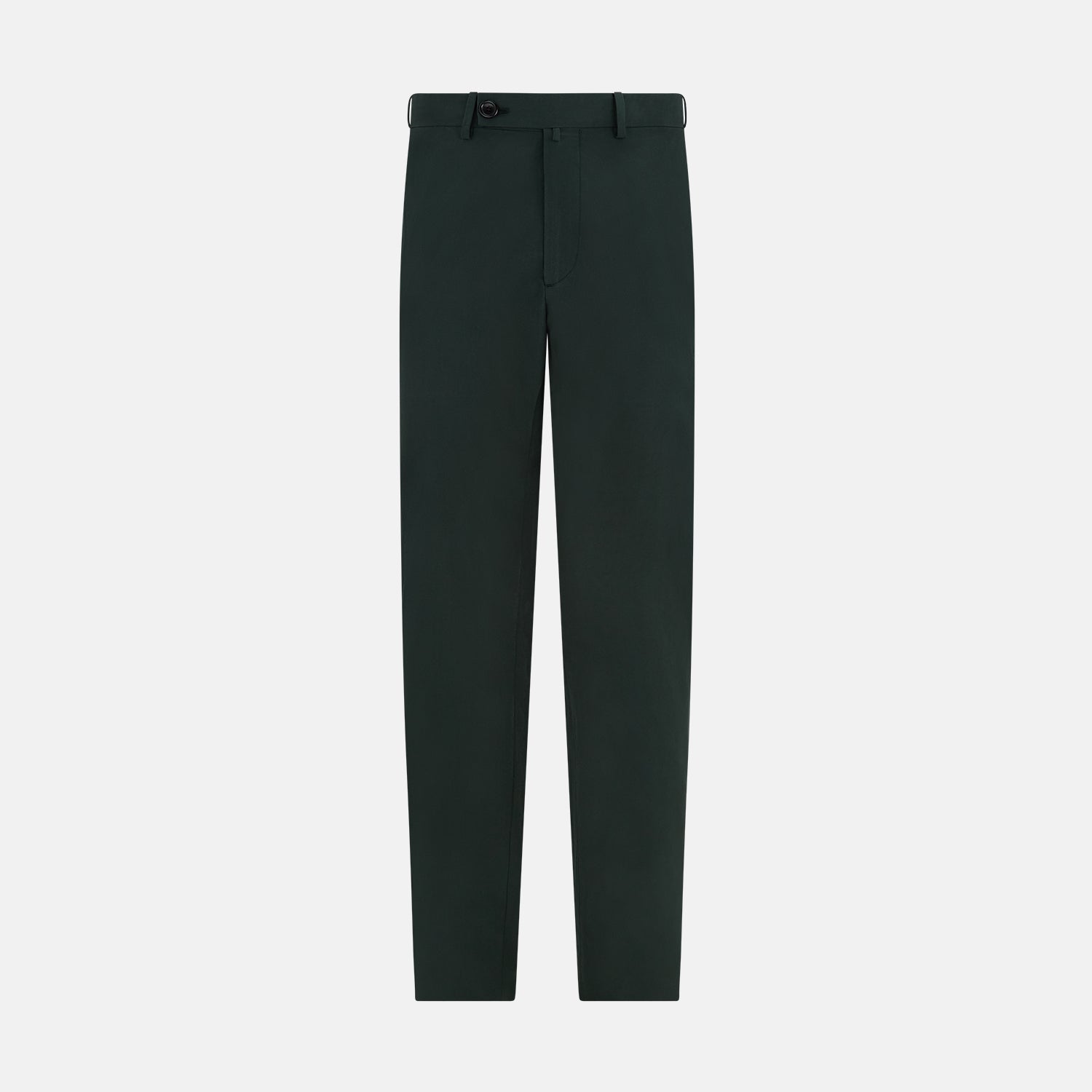 View 1 of product The Hunter Green Winston Trousers by Turnbull & Asser are crafted in high-twist cotton with straight legs, belt loops, button closure, and front zipper, shown against a plain light background.