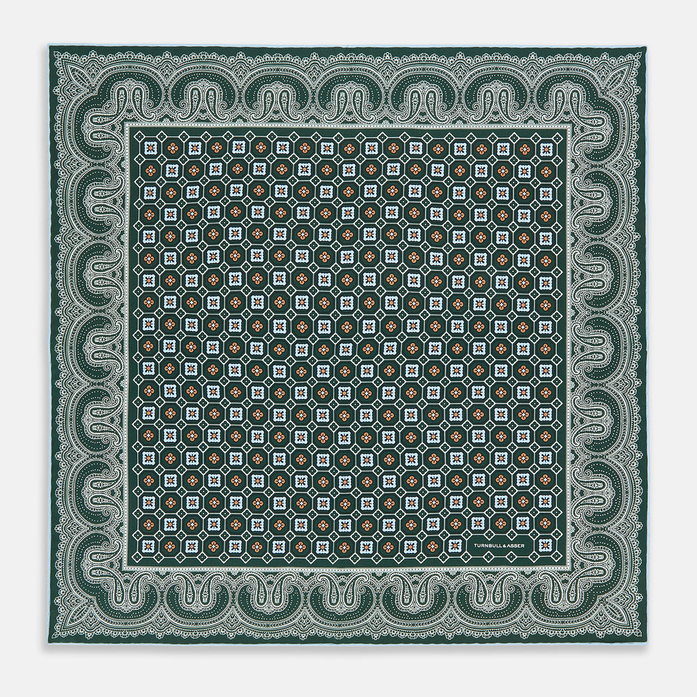 Forest Green Floral Tile and Paisley Silk Pocket Square
