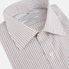 View 2 of product The Red with Multicoloured Music Stripe Mayfair Shirt by Turnbull & Asser is a long-sleeve, button-up shirt with a collar, featuring vibrant multicoloured stripes, inspired by classic British design, neatly laid flat on a plain background.