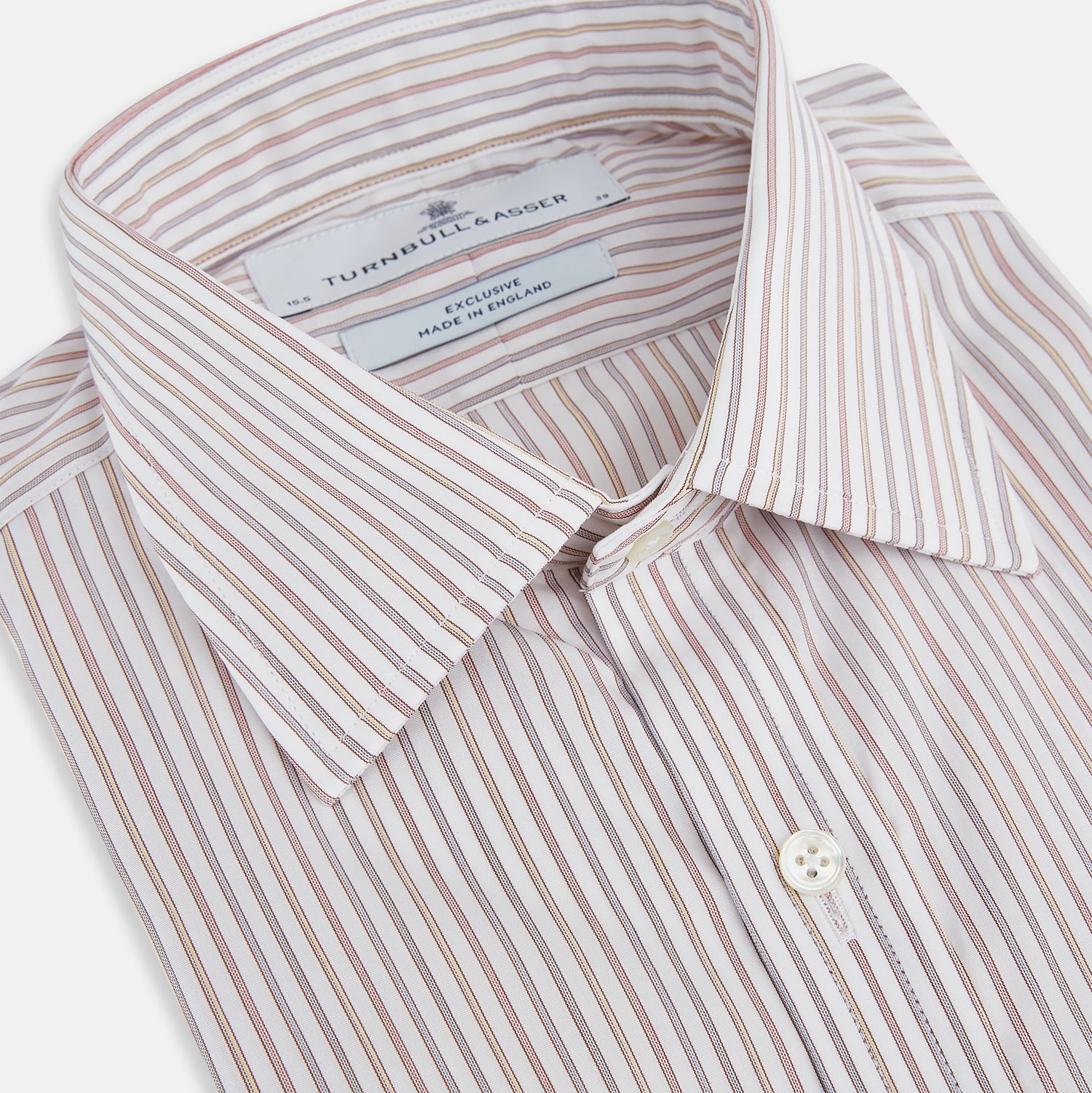 View 2 of product The Red with Multicoloured Music Stripe Mayfair Shirt by Turnbull & Asser is a long-sleeve, button-up shirt with a collar, featuring vibrant multicoloured stripes, inspired by classic British design, neatly laid flat on a plain background.