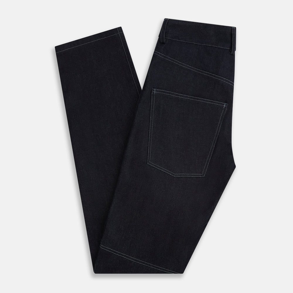 Turnbull & Asser Navy Denim Trousers feature a classic straight-leg cut, button and zipper closure, five-pocket workwear styling, and both front and back pockets, shown against a plain light background.
