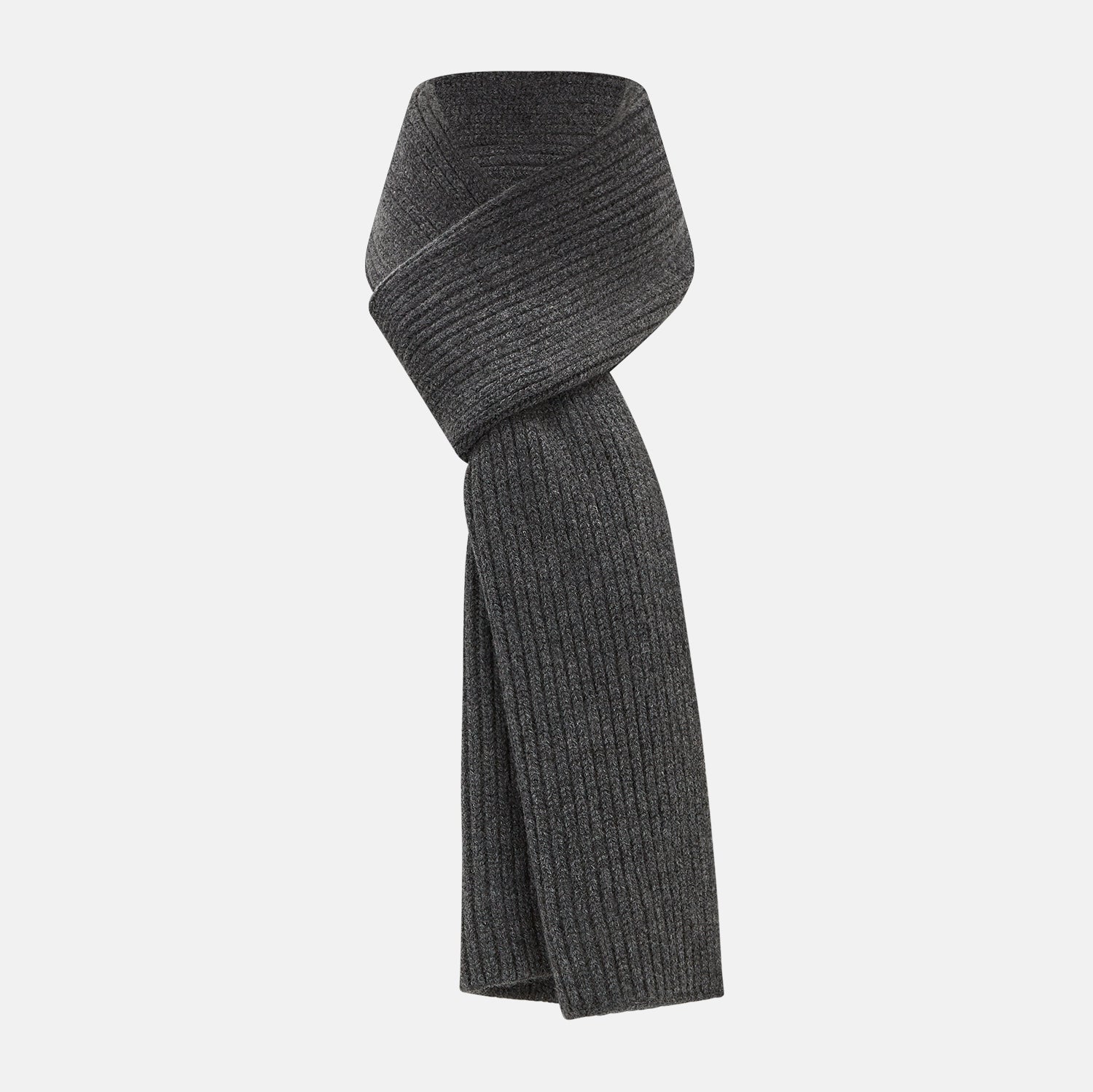 Image 1 of product The Turnbull & Asser Graphite Rib-Knit Cashmere Scarf, a luxury winter accessory, is shown neatly looped against a plain white background.