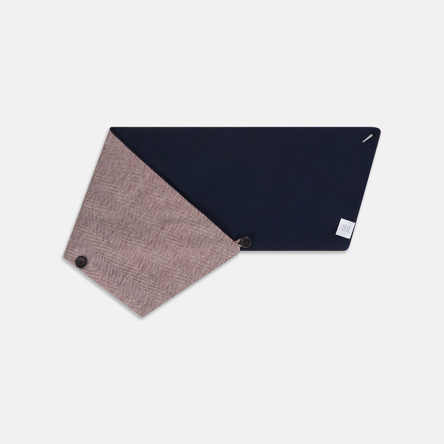View 3 of product The Turnbull & Asser Burgundy Herringbone Silk and Linen Neck Warmer features a rich herringbone pattern, dark lining, and button closure, shown on a white background—a refined formal accessory.