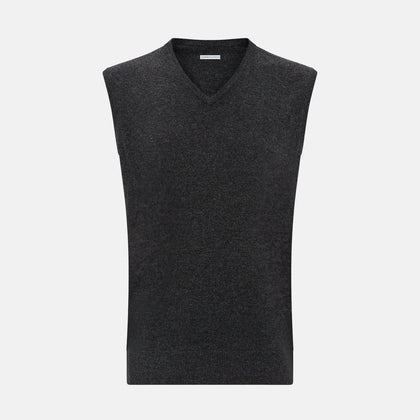 Charcoal Grey Melange V-Neck Sleeveless Cashmere Vest