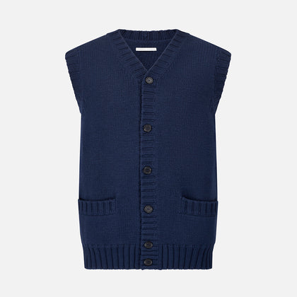 NAVY MERINO V-NECK SLEEVELESS CARDIGAN Image 3