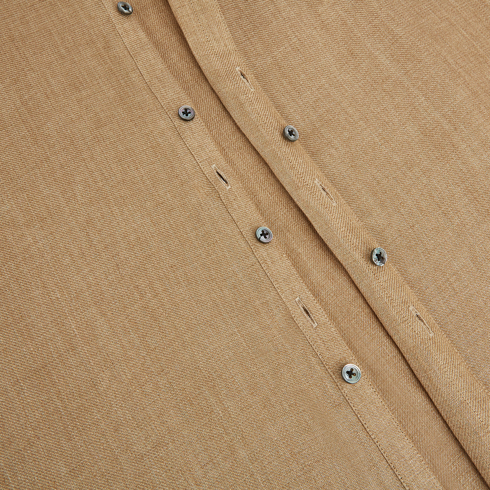 The Turnbull & Asser Camel Linen Windsor Shirt features long sleeves, a tailored fit, and classic collar in light brown camel linen, shown against a white background.