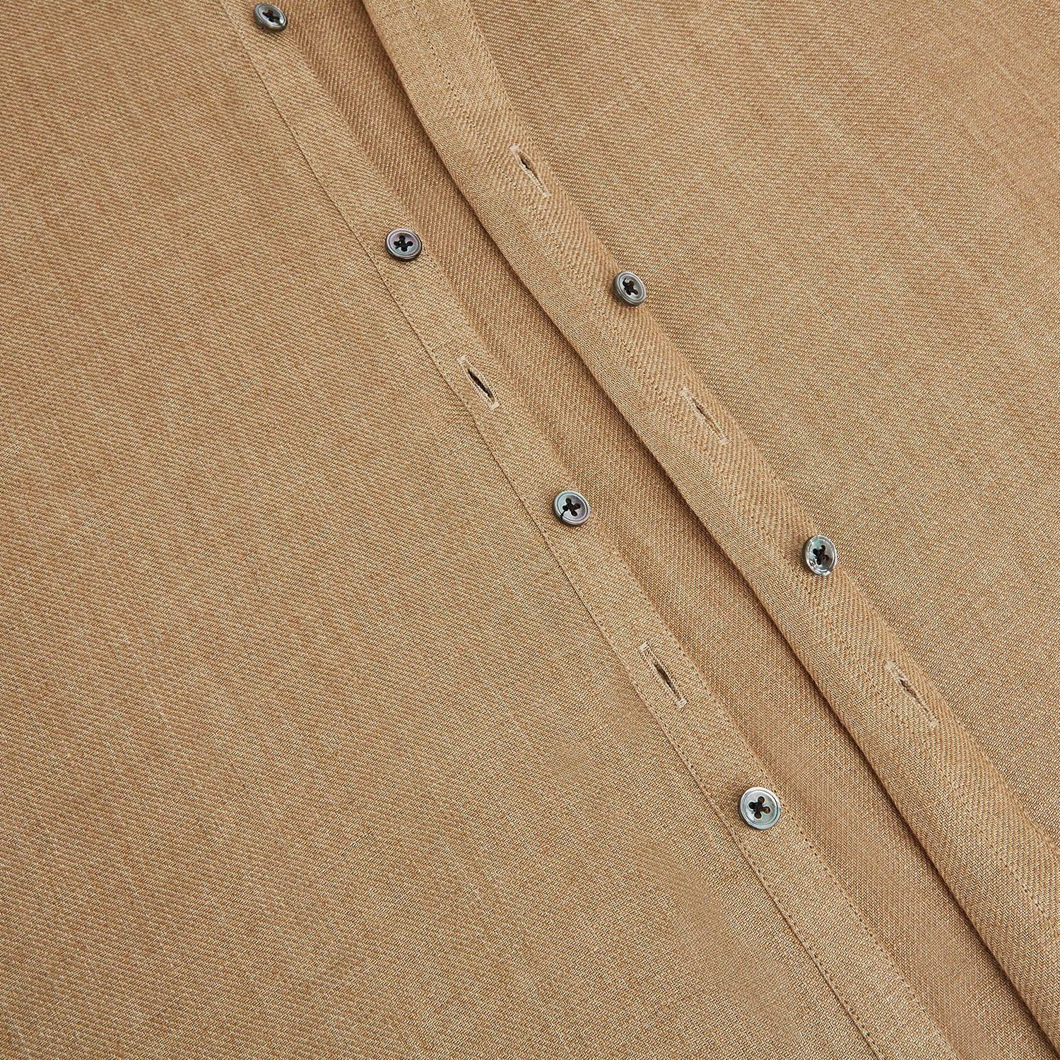 View 7 of product The Turnbull & Asser Camel Linen Windsor Shirt features long sleeves, a tailored fit, and classic collar in light brown camel linen, shown against a white background.