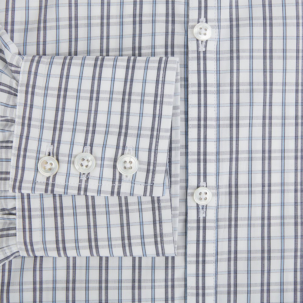 The Turnbull & Asser Navy and Blue Multi Tattersall Westminster Shirt features long sleeves, a button-down style, and a Turnbull collar in a blue and gray check pattern on white, laid flat against a white background.