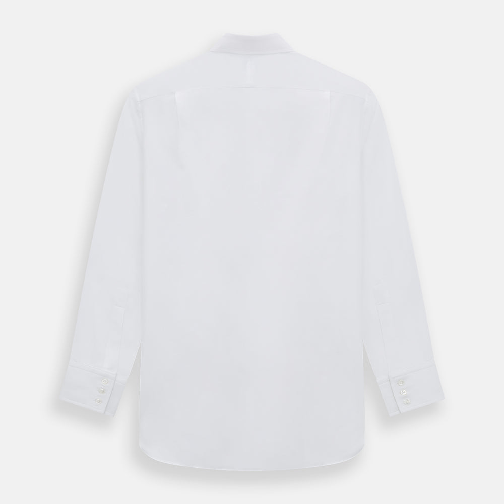 The Turnbull & Asser White Herringbone Mayfair Shirt features long sleeves and a classic collar—a timeless wardrobe essential, shown here against a white background.