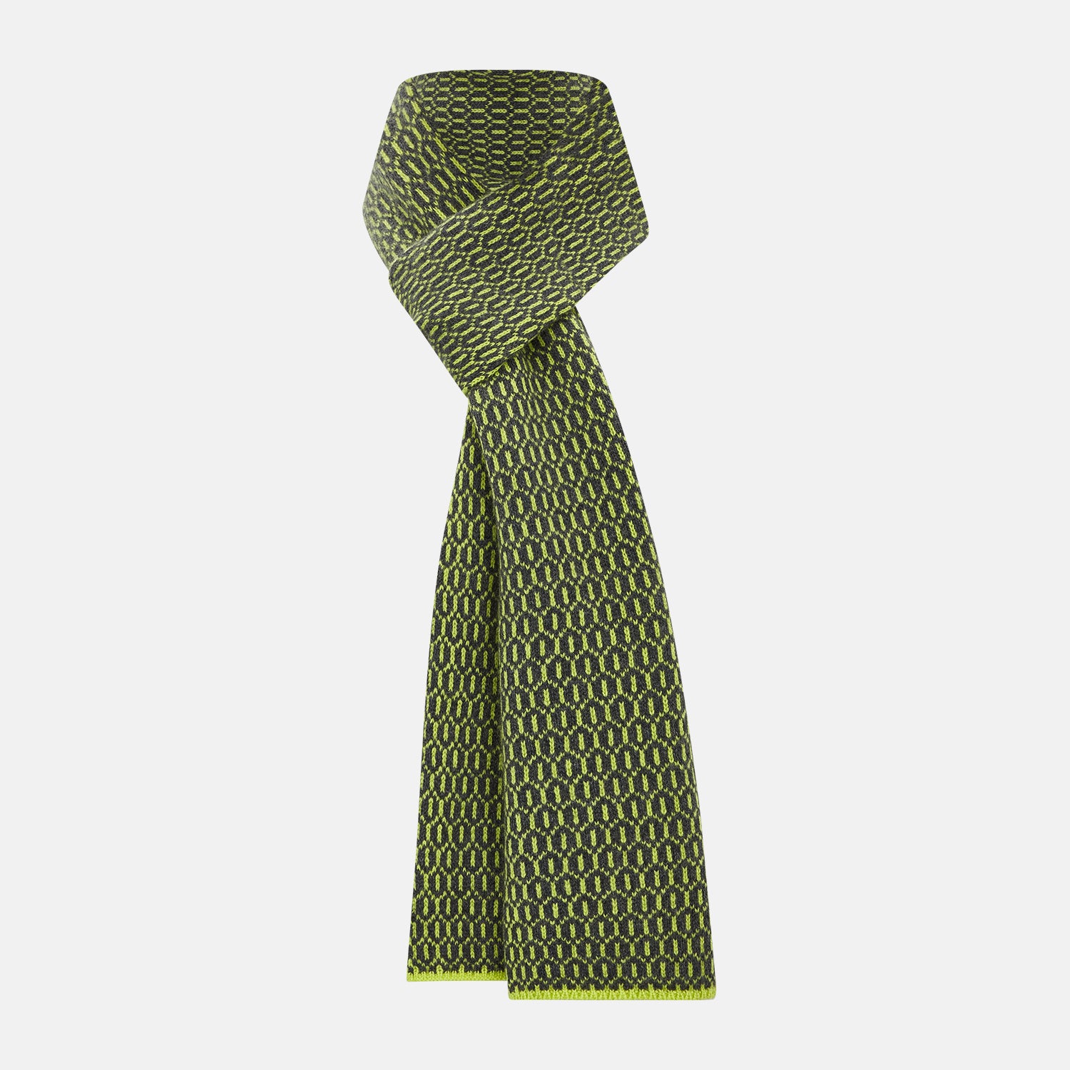 Image 1 of product The Turnbull & Asser Graphite and Chartreuse Lemon Hexagon Cashmere Knitted Scarf features a geometric pattern in green and yellow tones, neatly folded to show both ends—an essential accessory with luxurious softness.
